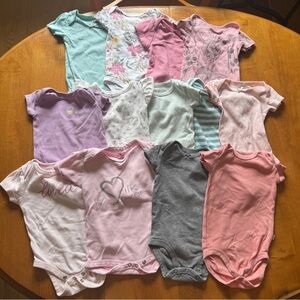 Assorted Pastel Baby Onesies: Carter’s, Small Story, Cloud Island, Honest